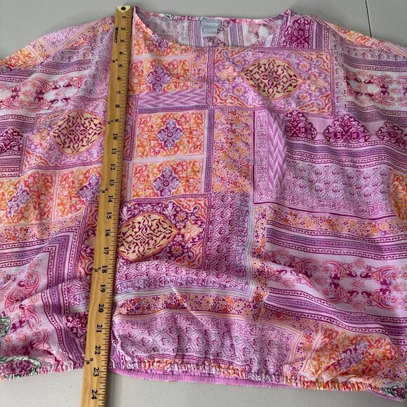 Chicos Blouse Coastal Tile Chiffon Bubble Hem Pink Orange XL - Picture 5 of 12